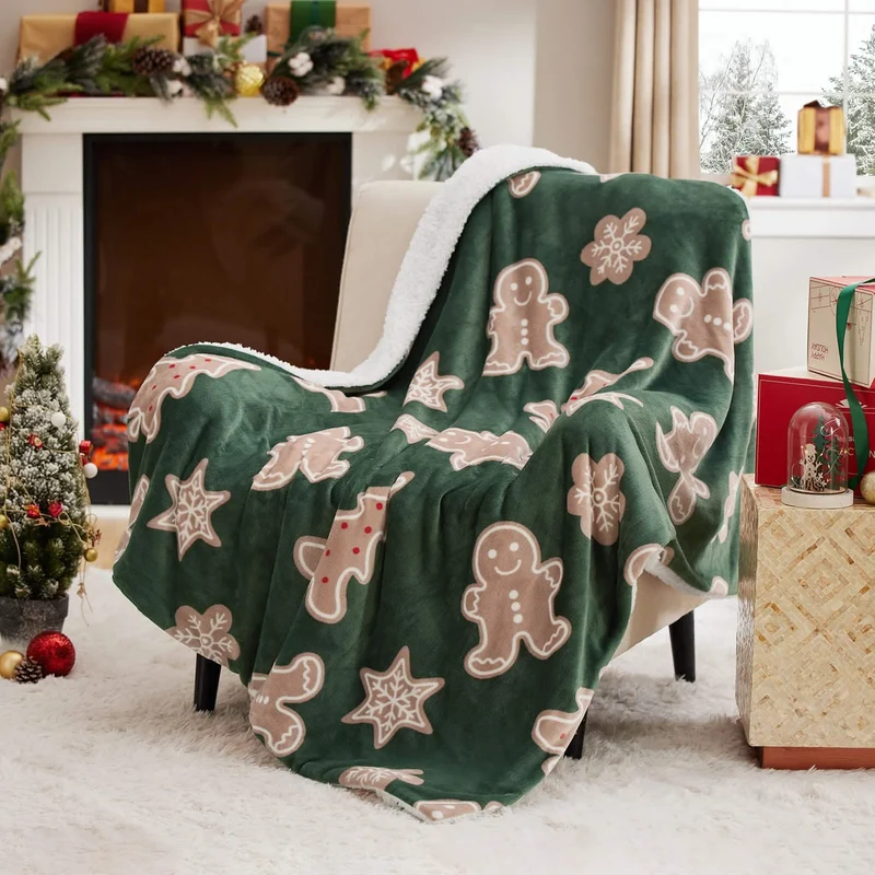 Christmas Gingerbread Green Sherpa Throw Blanket